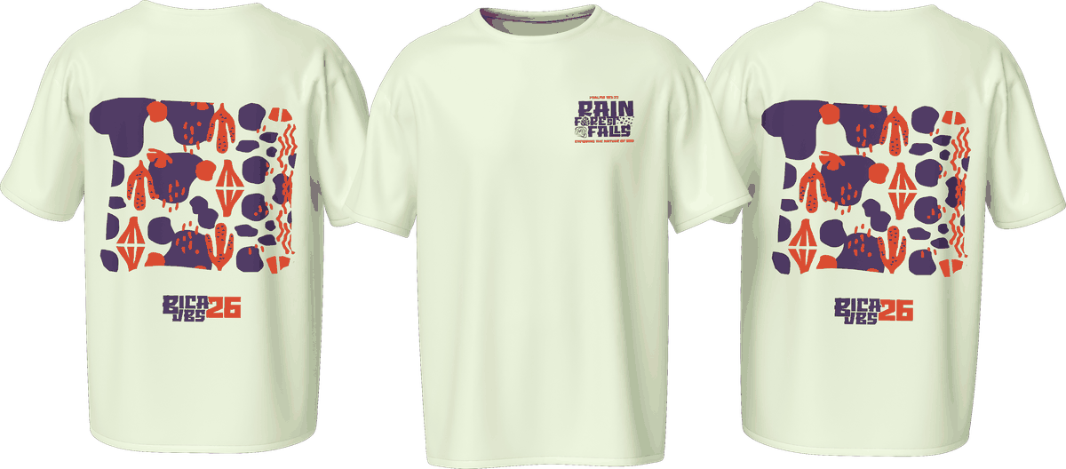 Rainforest Falls VBS '26 — cream shirt (back, front, back)