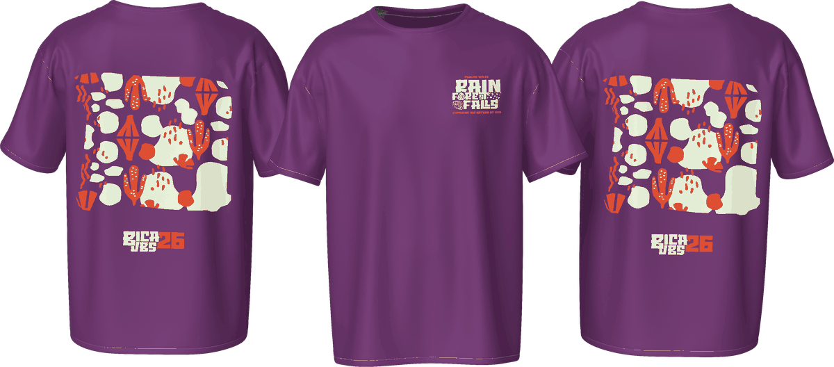 Rainforest Falls VBS '26 — purple shirt (back, front, back)